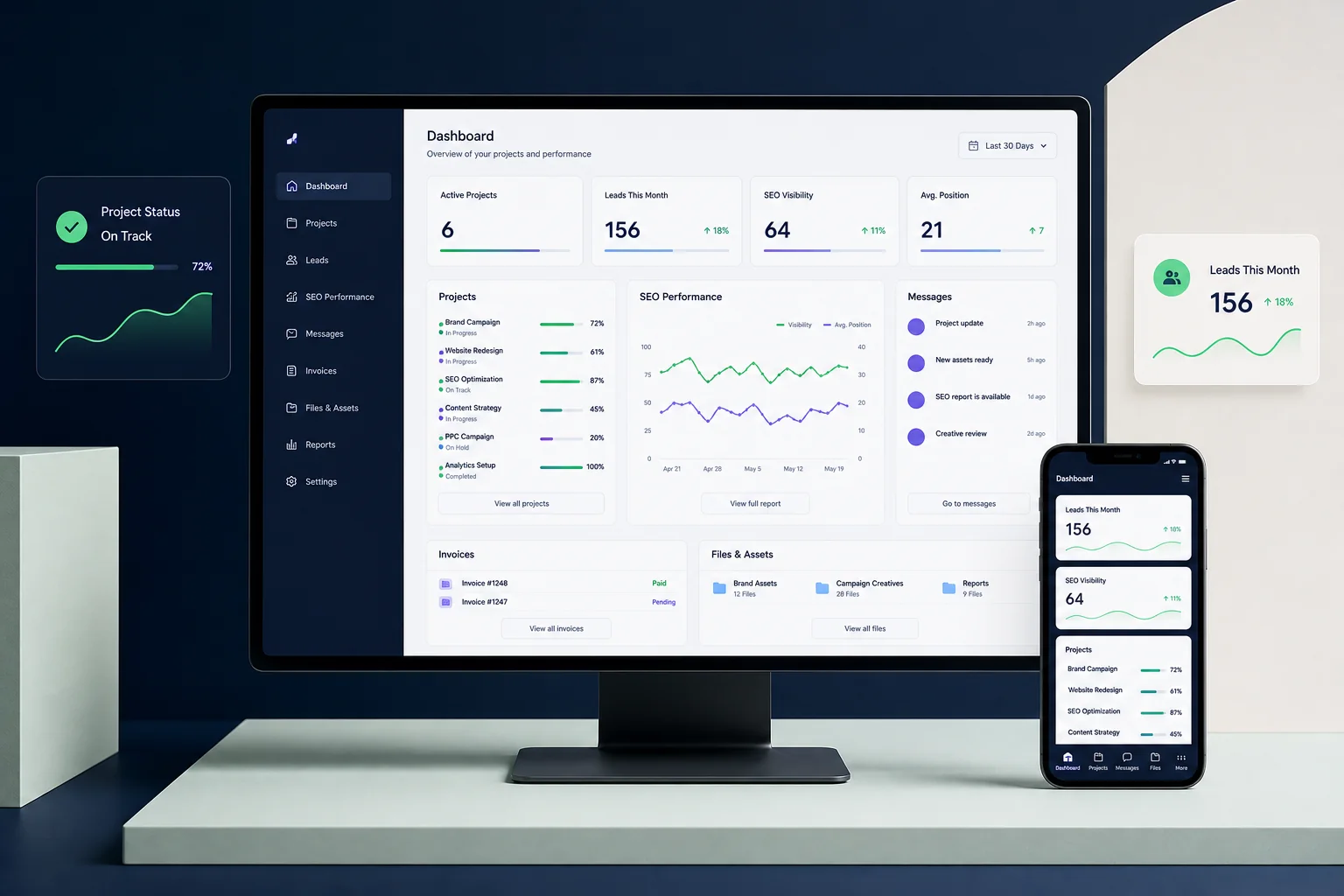Monitor und Smartphone zeigen das Kundenportal mit Projektübersicht, Nachrichten und Rechnungen