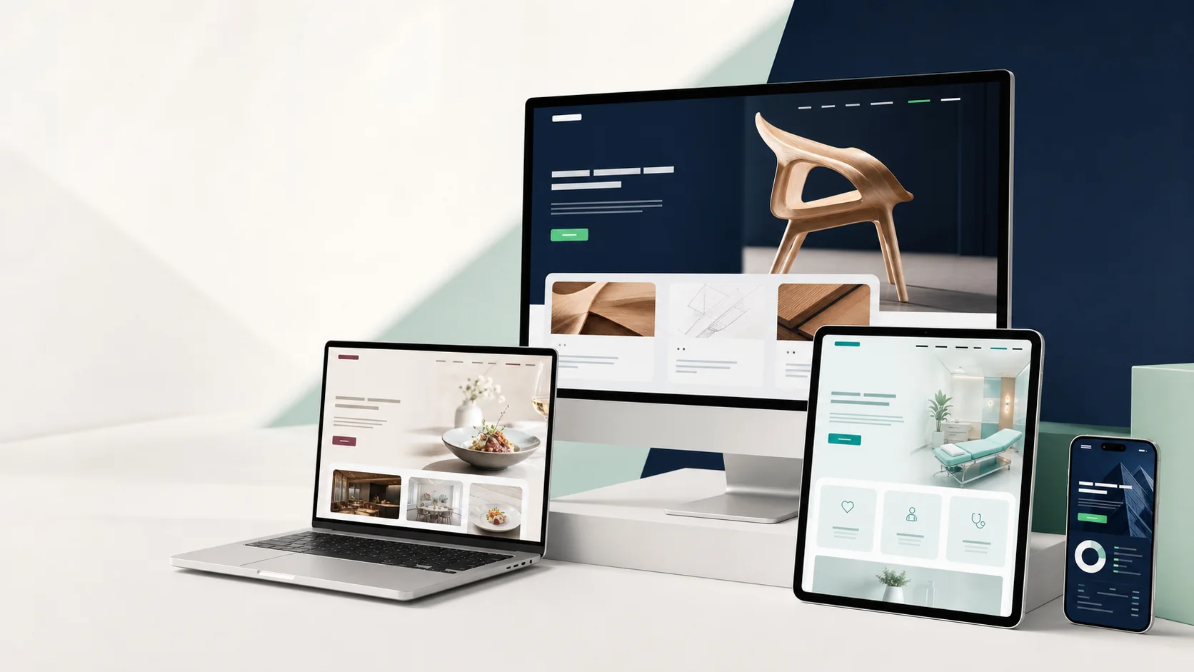 Laptop, Monitor, Tablet und Smartphone zeigen vier verschiedene Unternehmens-Webseiten