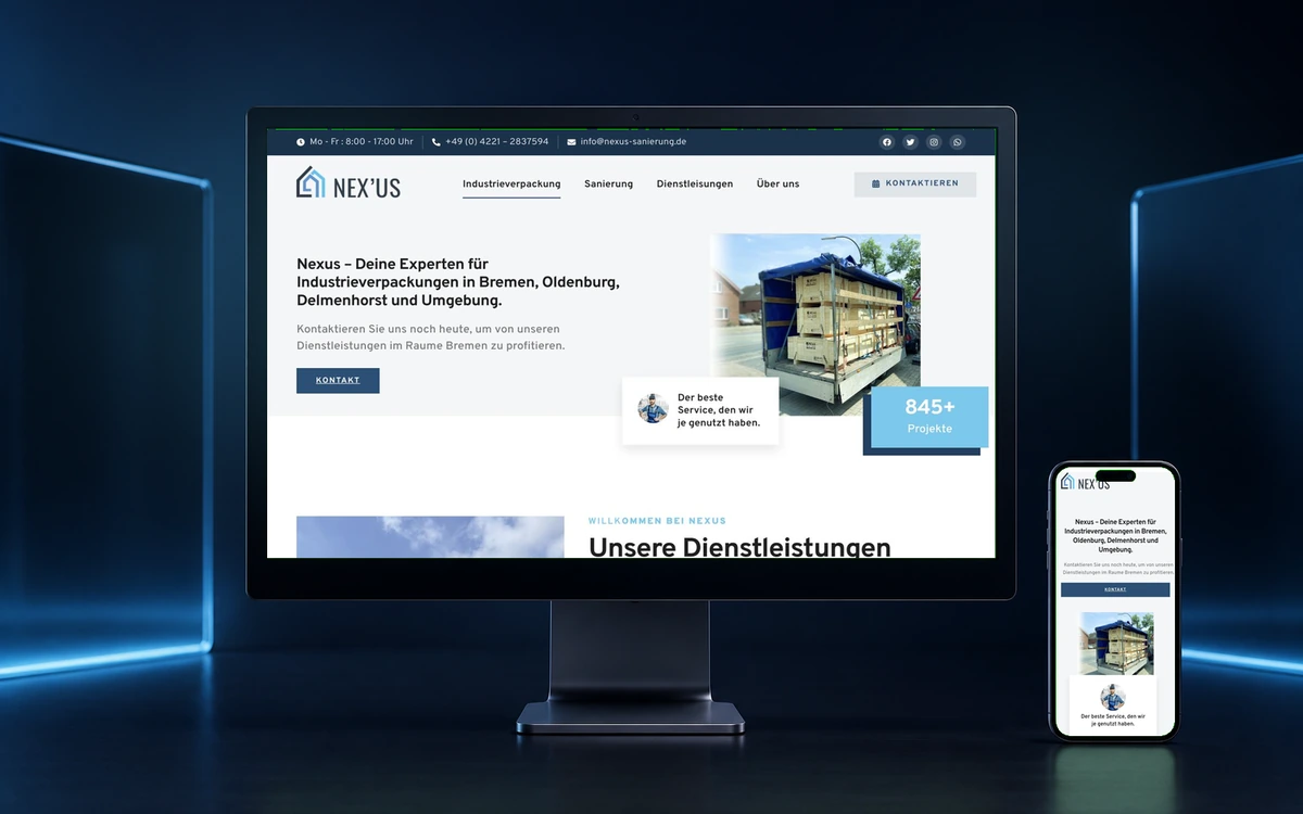 Bildschirmansicht der Webseite von NeX’uS Industrieverpackung, Industrieverpackung aus Bremen, Oldenburg, Delmenhorst