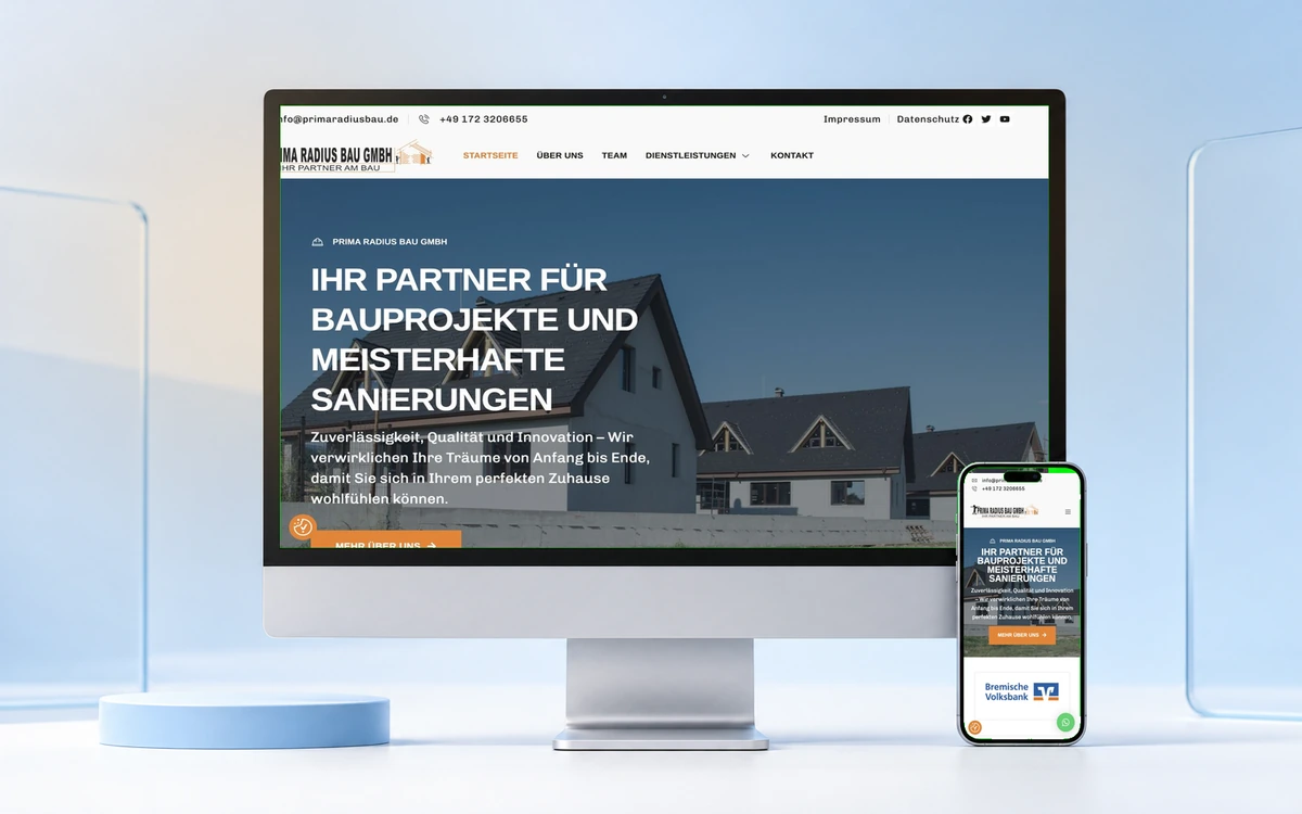 Bildschirmansicht der Webseite von Prima Radius Bau GmbH, Bau & Sanierung aus Bremen
