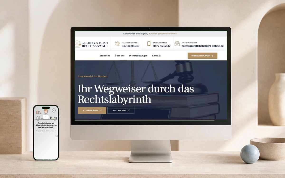 Bildschirmansicht der Webseite von Rechtsanwalt Ali-Reza Shahabi, Rechtsanwaltskanzlei aus Bremen, bundesweit