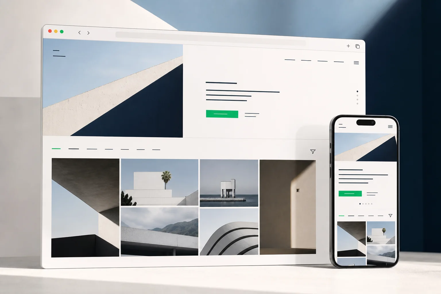Browserfenster und Smartphone zeigen eine ruhige Seite mit einem einzigen Aktionsknopf